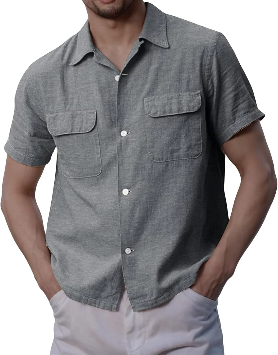 Button Down Shirts for Men Short Sleeve Cotton Linen Casual Comfy Lightweight Solid Tops Summer Beach Tee with Pockets
