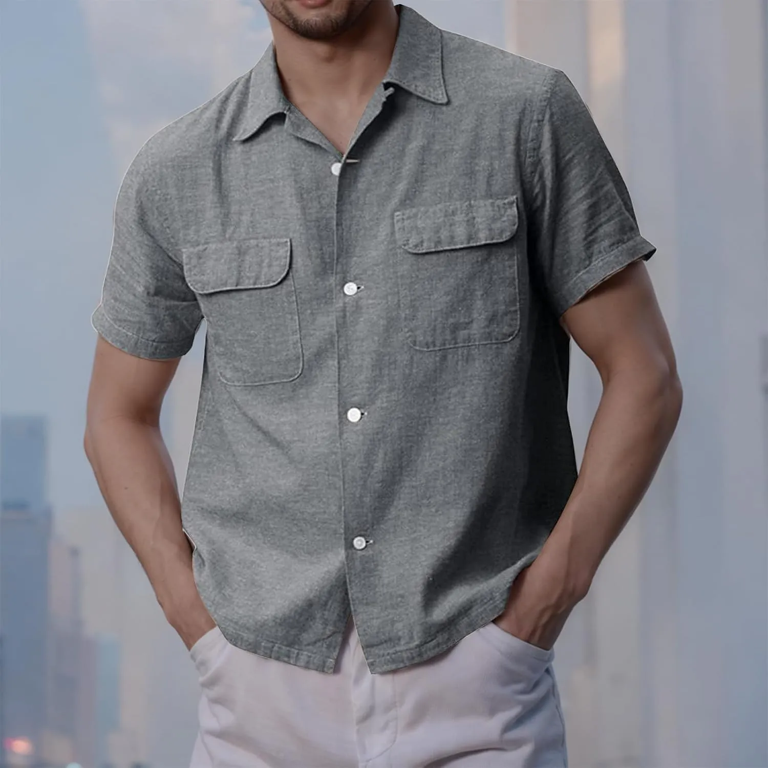 Button Down Shirts for Men Short Sleeve Cotton Linen Casual Comfy Lightweight Solid Tops Summer Beach Tee with Pockets