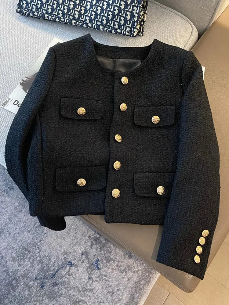 Buttoned O-Neck Jas - Dames - Zwart