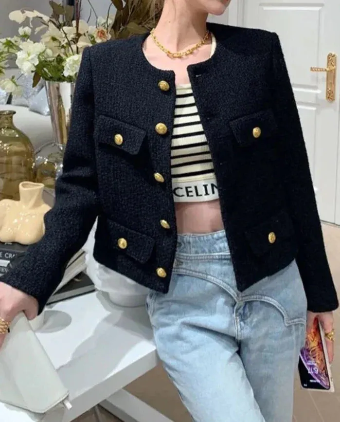 Buttoned O-Neck Jas - Dames - Zwart