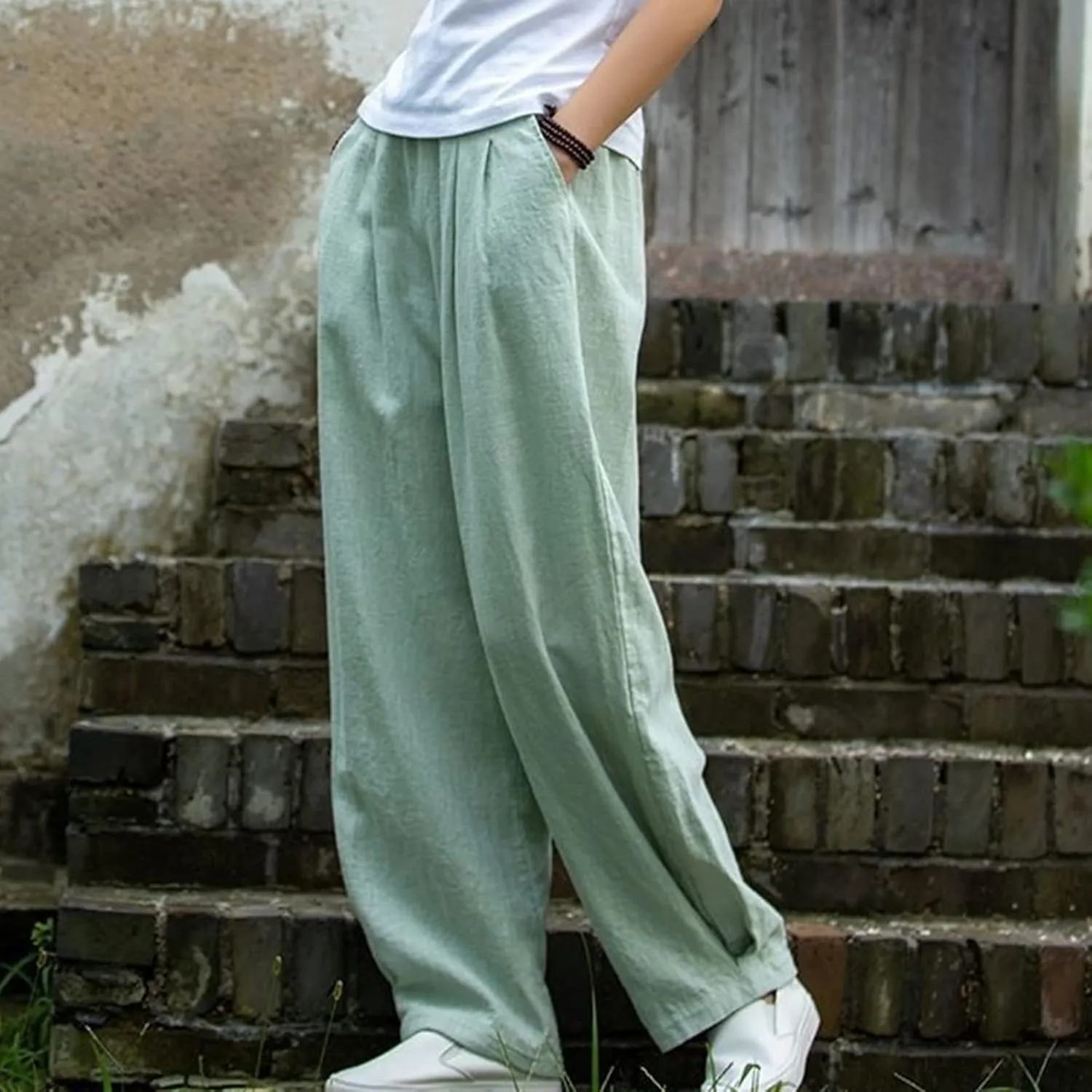BZGTZT Women Cotton Linen Pants Summer Wide Leg Trousers Elastic High Waist Loose Fit Light Weight Lounge Pants with Pocket