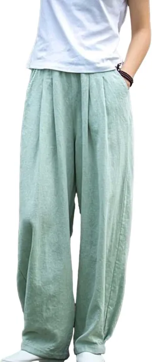 BZGTZT Women Cotton Linen Pants Summer Wide Leg Trousers Elastic High Waist Loose Fit Light Weight Lounge Pants with Pocket