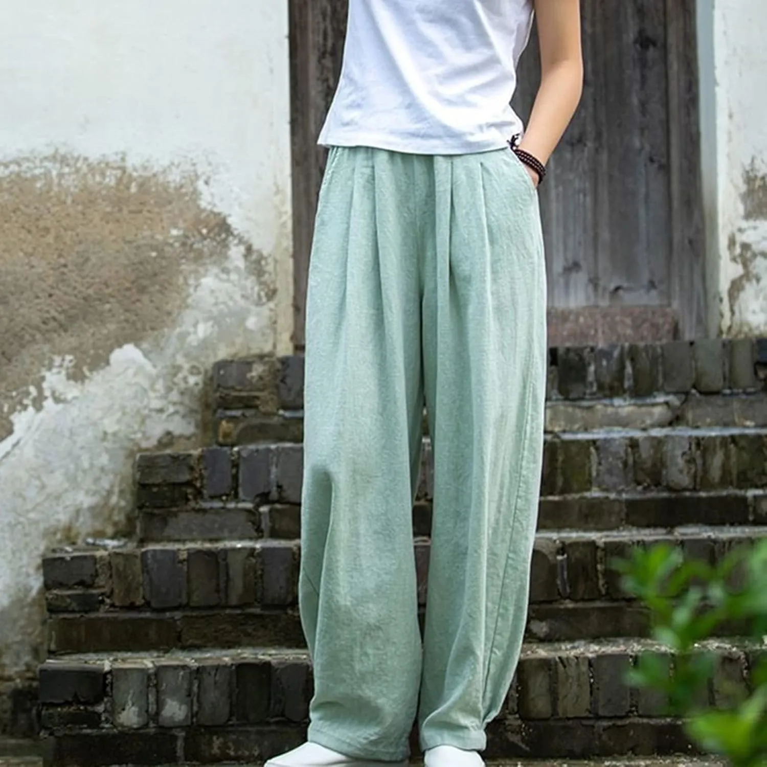 BZGTZT Women Cotton Linen Pants Summer Wide Leg Trousers Elastic High Waist Loose Fit Light Weight Lounge Pants with Pocket