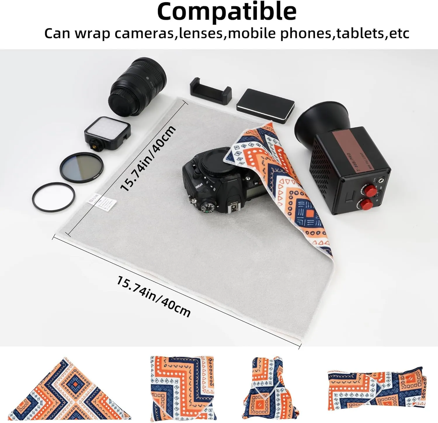 Camera Wrap, Anti-Scratch Protective Wrap, Lens pouche, Magic Self-Adhesive Cloth, Lens Protector, Washable Universal Storage Cloth for DSLR, Smartphones, Laptops, Cosmetic, Household Items