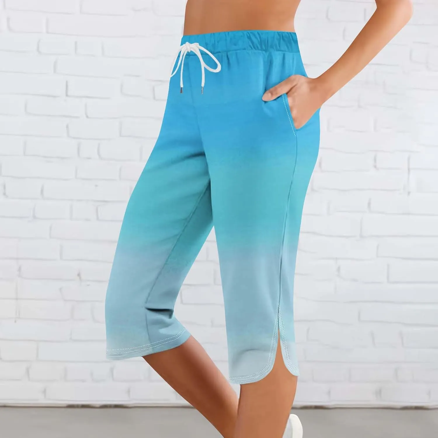 Capri Pants for Women Casual 2025 Summer Drawstring Elastic Pants High Waist Side Split Pant Cropped Trousers