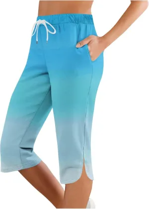 Capri Pants for Women Casual 2025 Summer Drawstring Elastic Pants High Waist Side Split Pant Cropped Trousers
