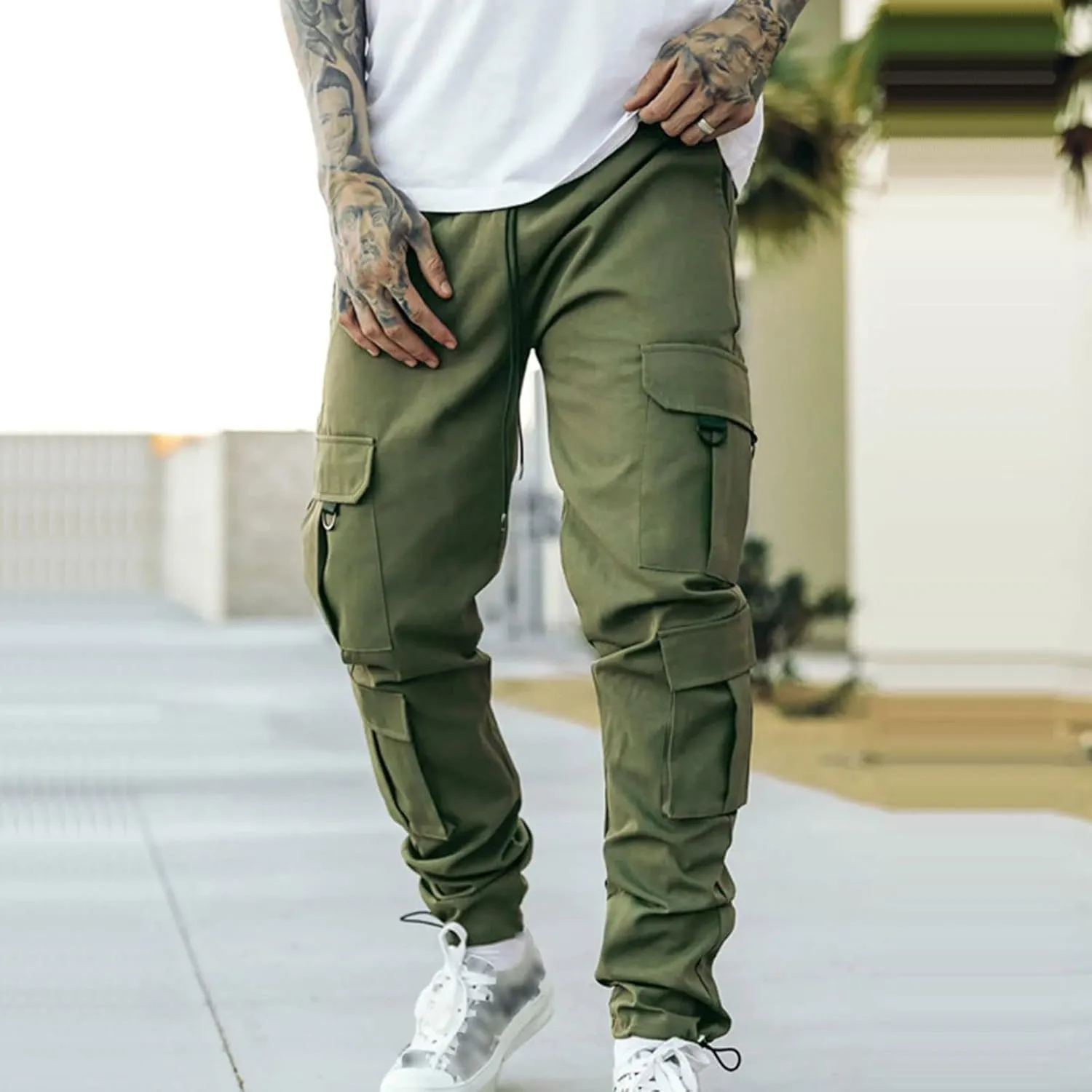 Cargo Trousers for Men Heavyweight Fleece Cargo Sweatpants Elastic Waist Joggers Baggy Drawstring Sweat Pants with