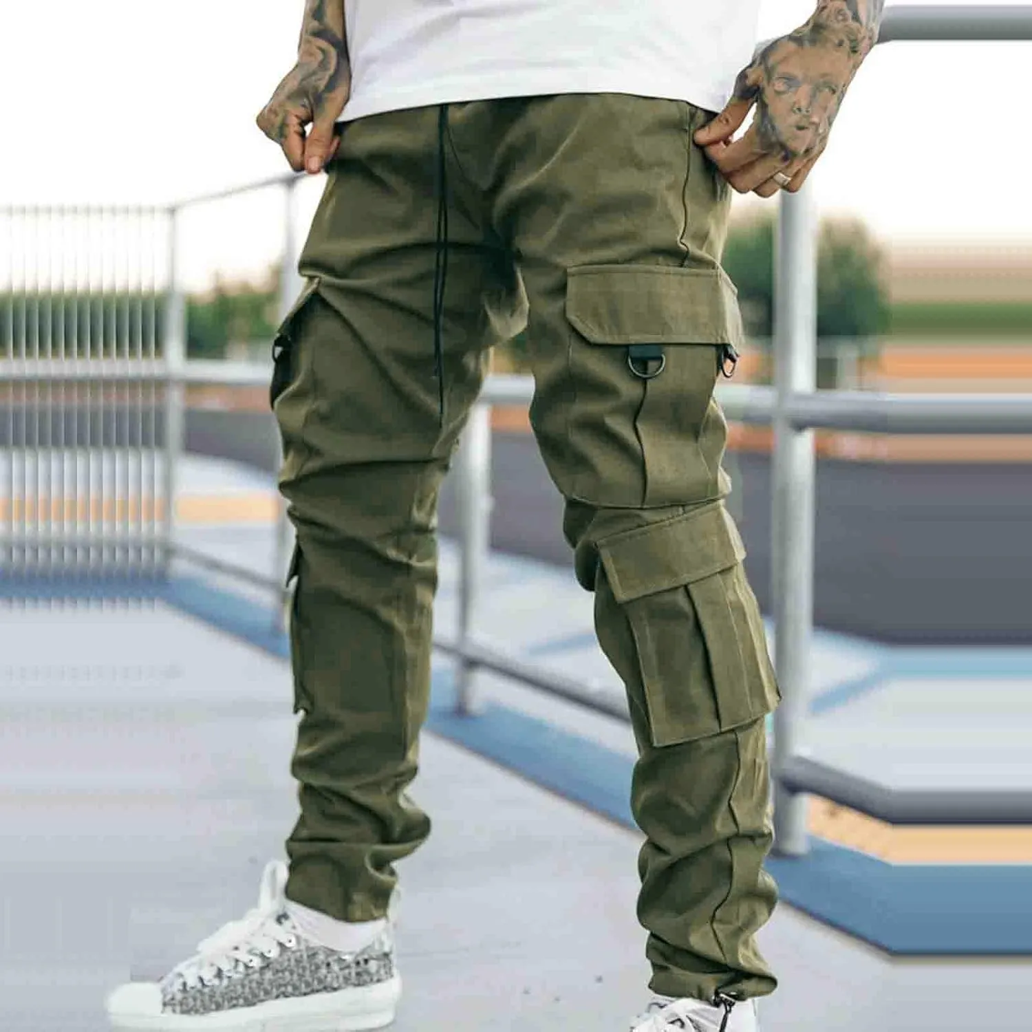 Cargo Trousers for Men Heavyweight Fleece Cargo Sweatpants Elastic Waist Joggers Baggy Drawstring Sweat Pants with