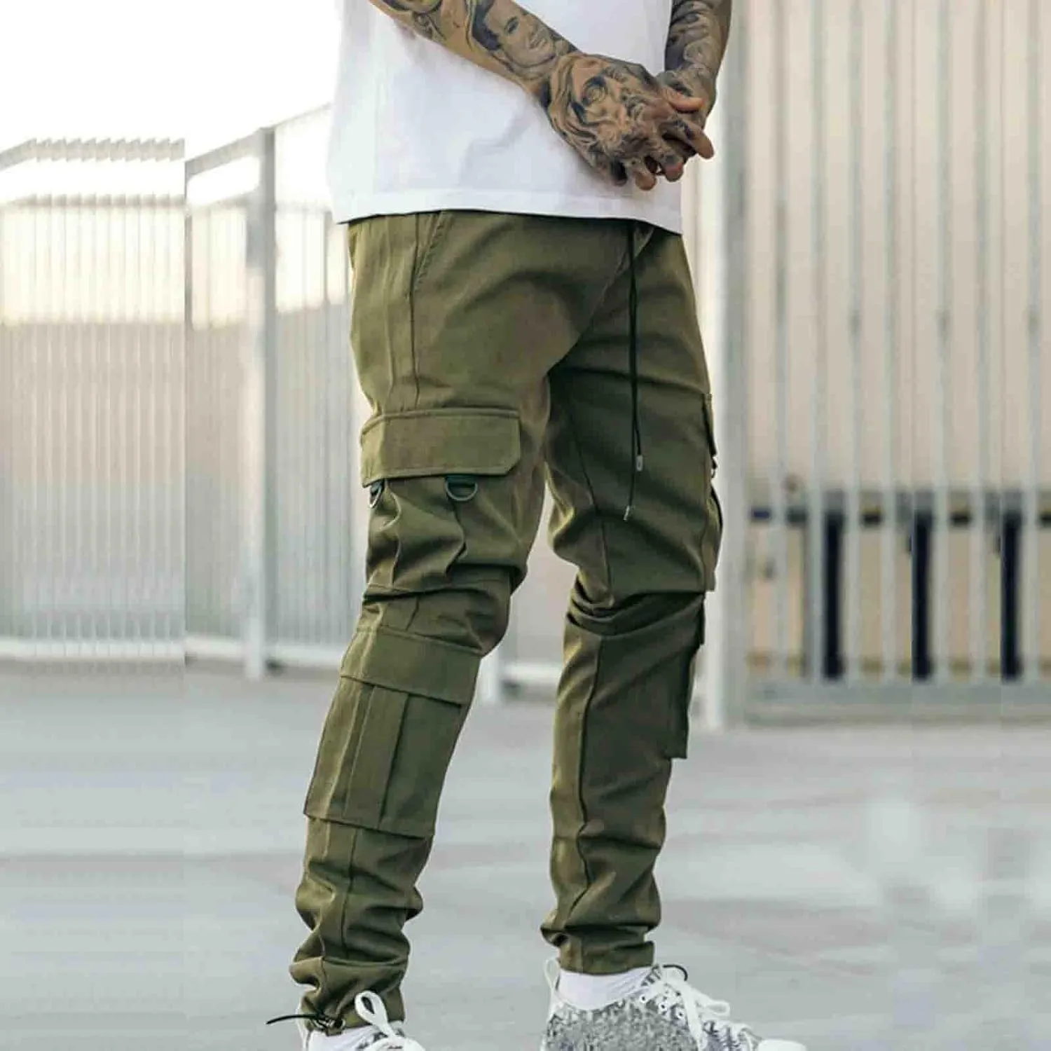 Cargo Trousers for Men Heavyweight Fleece Cargo Sweatpants Elastic Waist Joggers Baggy Drawstring Sweat Pants with