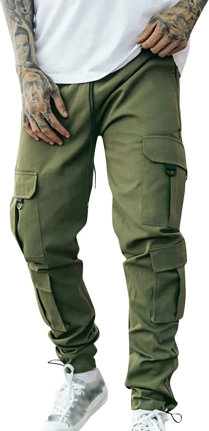 Cargo Trousers for Men Heavyweight Fleece Cargo Sweatpants Elastic Waist Joggers Baggy Drawstring Sweat Pants with