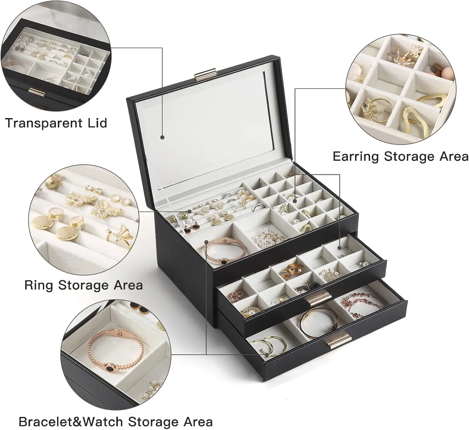 CASEGRACE Jewelry Box for Women, 3 Layer Double Drawer Jewelry Organizer Glass Lid, Large Jewelry Display Case for Necklace Bracelet Earrings Rings Storage for Dresser, Black