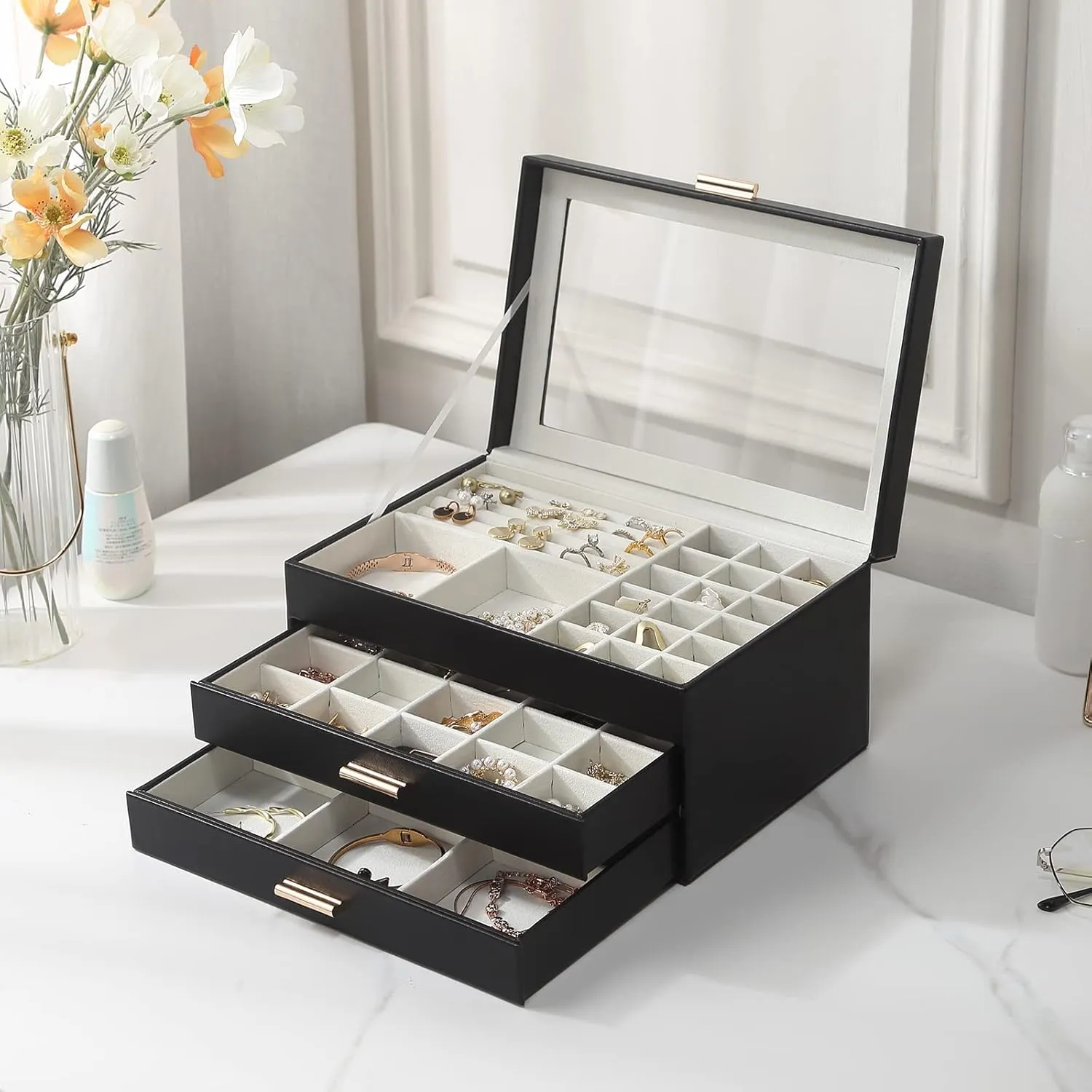 CASEGRACE Jewelry Box for Women, 3 Layer Double Drawer Jewelry Organizer Glass Lid, Large Jewelry Display Case for Necklace Bracelet Earrings Rings Storage for Dresser, Black