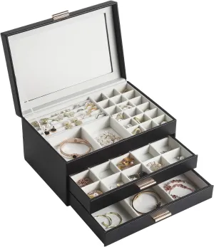 CASEGRACE Jewelry Box for Women, 3 Layer Double Drawer Jewelry Organizer Glass Lid, Large Jewelry Display Case for Necklace Bracelet Earrings Rings Storage for Dresser, Black