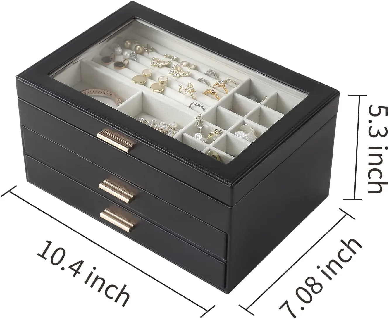 CASEGRACE Jewelry Box for Women, 3 Layer Double Drawer Jewelry Organizer Glass Lid, Large Jewelry Display Case for Necklace Bracelet Earrings Rings Storage for Dresser, Black