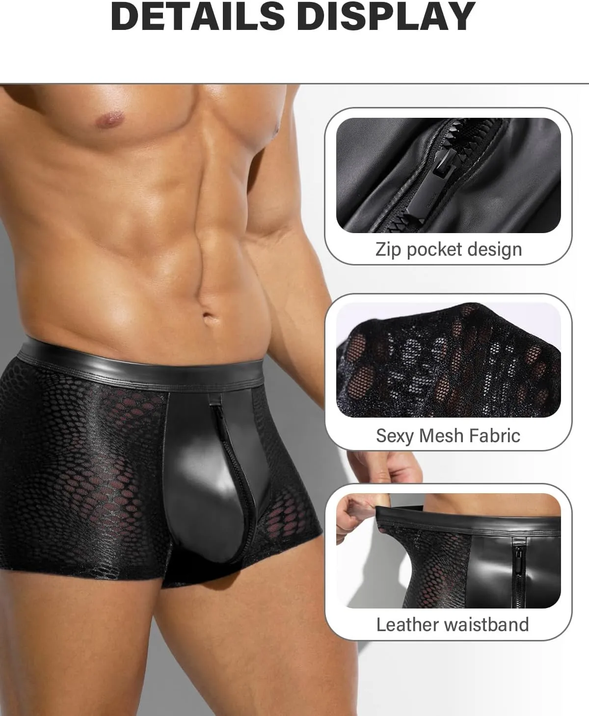 Casey Kevin Men's Sexy Boxer Briefs Breathable Mesh See Through Underwear Zipper Bulge Pouch Trunk