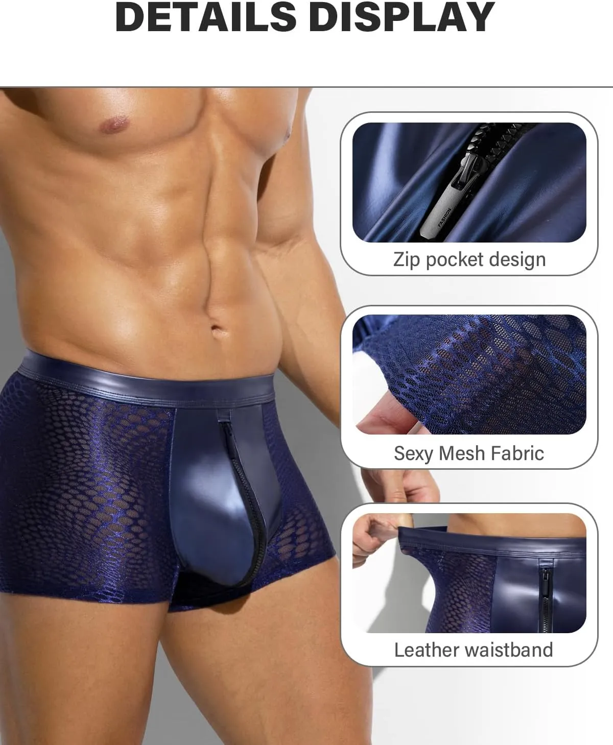 Casey Kevin Men's Sexy Boxer Briefs Breathable Mesh See Through Underwear Zipper Bulge Pouch Trunk