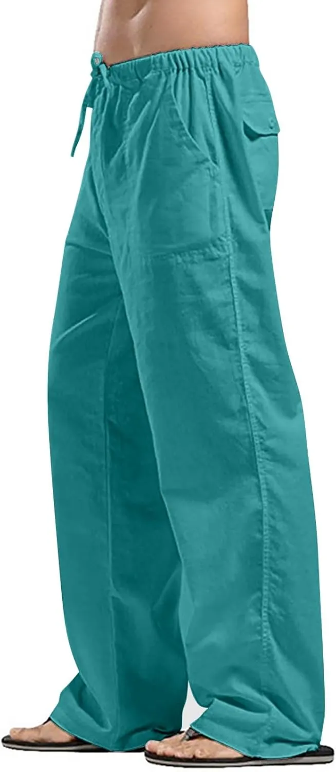 Casual Cotton Linen Pants for Mens Summer Outdoor Hiking Sports Trousers Breathable Work Cargo Pants with Pockets Men's Pants
