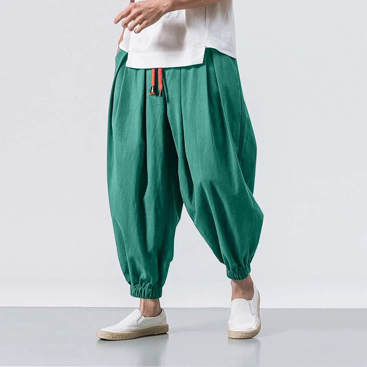 Casual Harem Pants Men Linen Baggy Hip Hop Tapered Pants Drawstring Elastic Waist Drop Crotch Plus Size Hippie Trouser