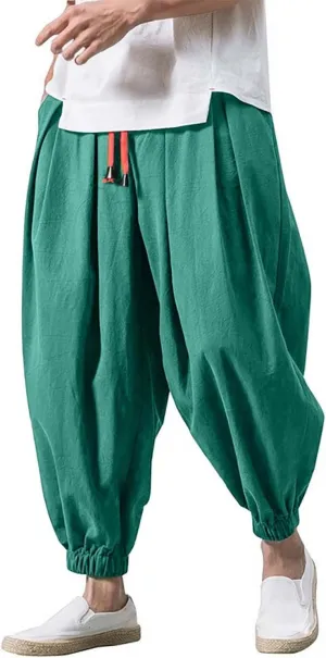 Casual Harem Pants Men Linen Baggy Hip Hop Tapered Pants Drawstring Elastic Waist Drop Crotch Plus Size Hippie Trouser