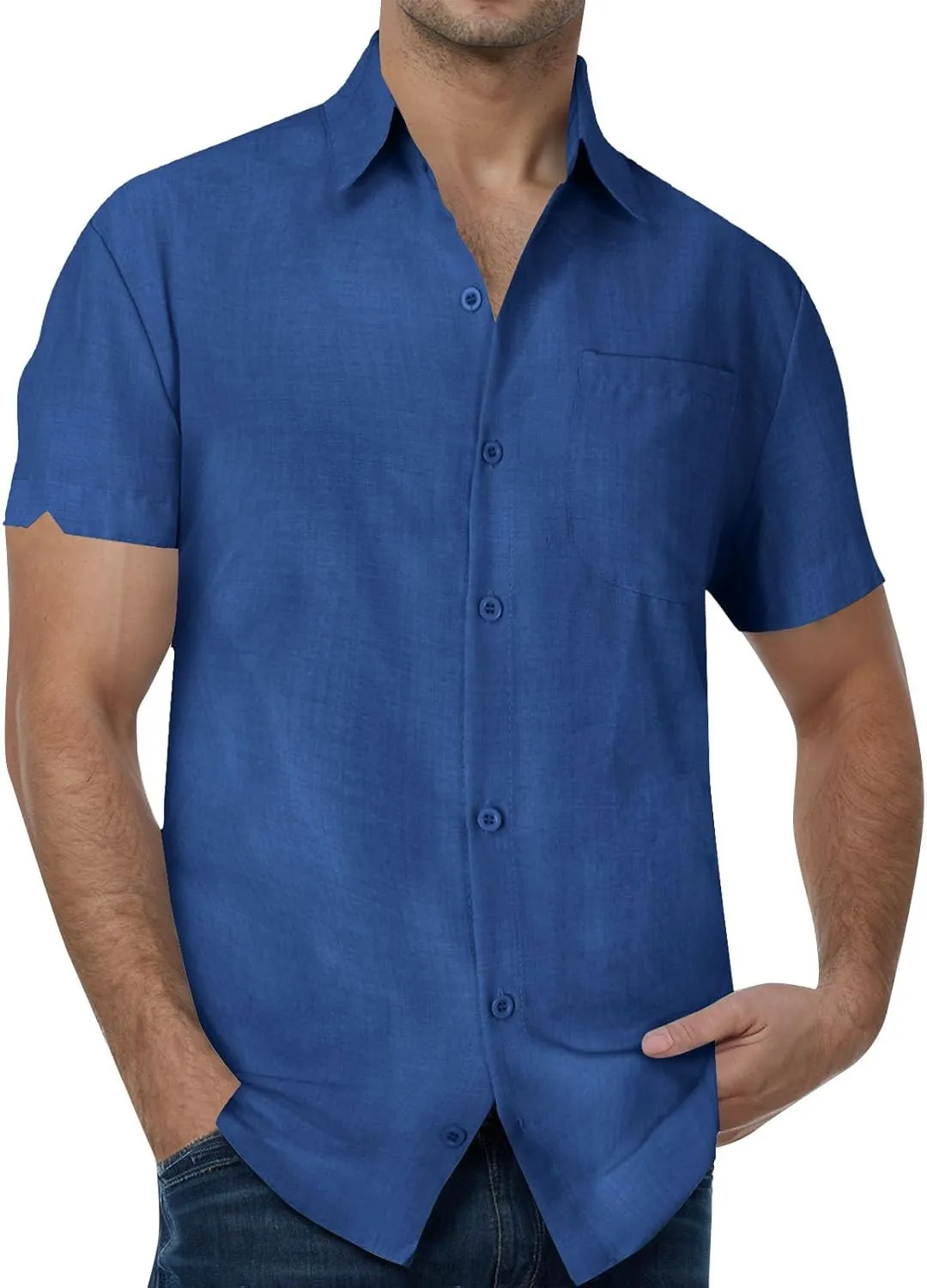 Cathalem Linen Shirts for Men Button Down Casual Shirts Short Sleeve Beach Summer Tops with Pocket Mens Dress Shirts