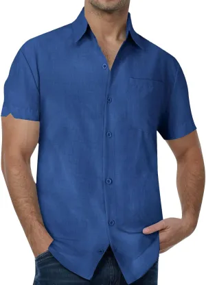 Cathalem Linen Shirts for Men Button Down Casual Shirts Short Sleeve Beach Summer Tops with Pocket Mens Dress Shirts