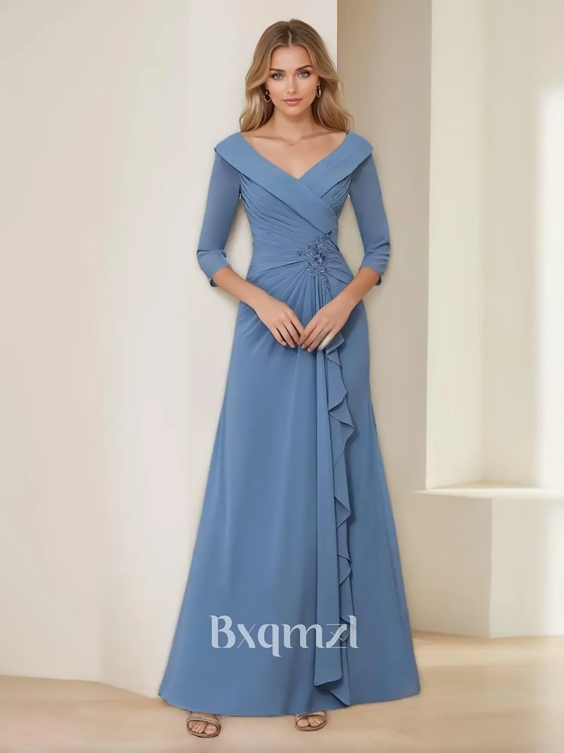 Chiffon Mother of The Bride Dresses for Wedding V Neck Formal Gowns and Evening Dresses Ruffle Wedding Guest Dress