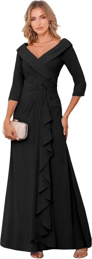 Chiffon Mother of The Bride Dresses for Wedding V Neck Formal Gowns and Evening Dresses Ruffle Wedding Guest Dress