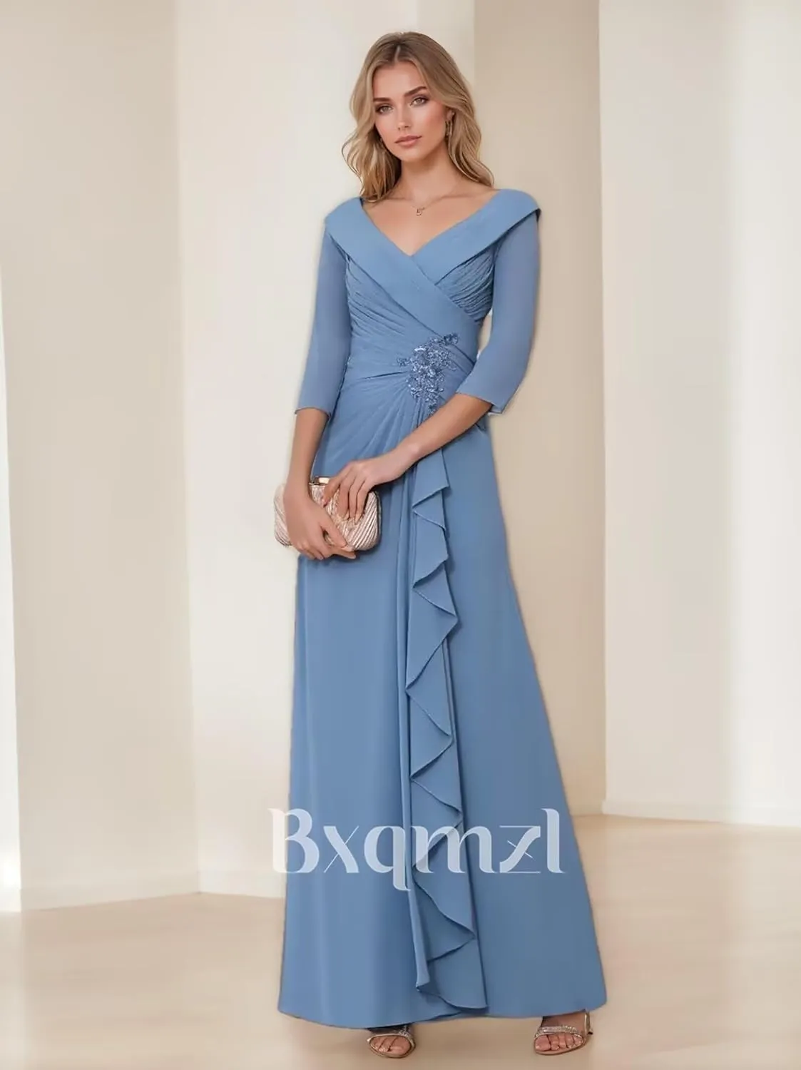 Chiffon Mother of The Bride Dresses for Wedding V Neck Formal Gowns and Evening Dresses Ruffle Wedding Guest Dress