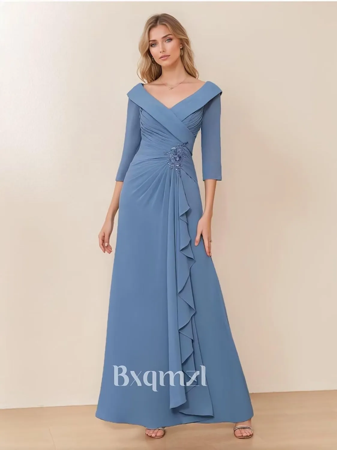 Chiffon Mother of The Bride Dresses for Wedding V Neck Formal Gowns and Evening Dresses Ruffle Wedding Guest Dress