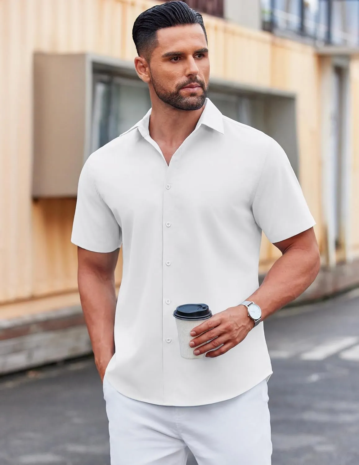 COOFANDY Men's Casual Short Sleeve Button Down Shirts Untucked Dress Shirts Wrinkle Free Summer Wedding Shirts Solid