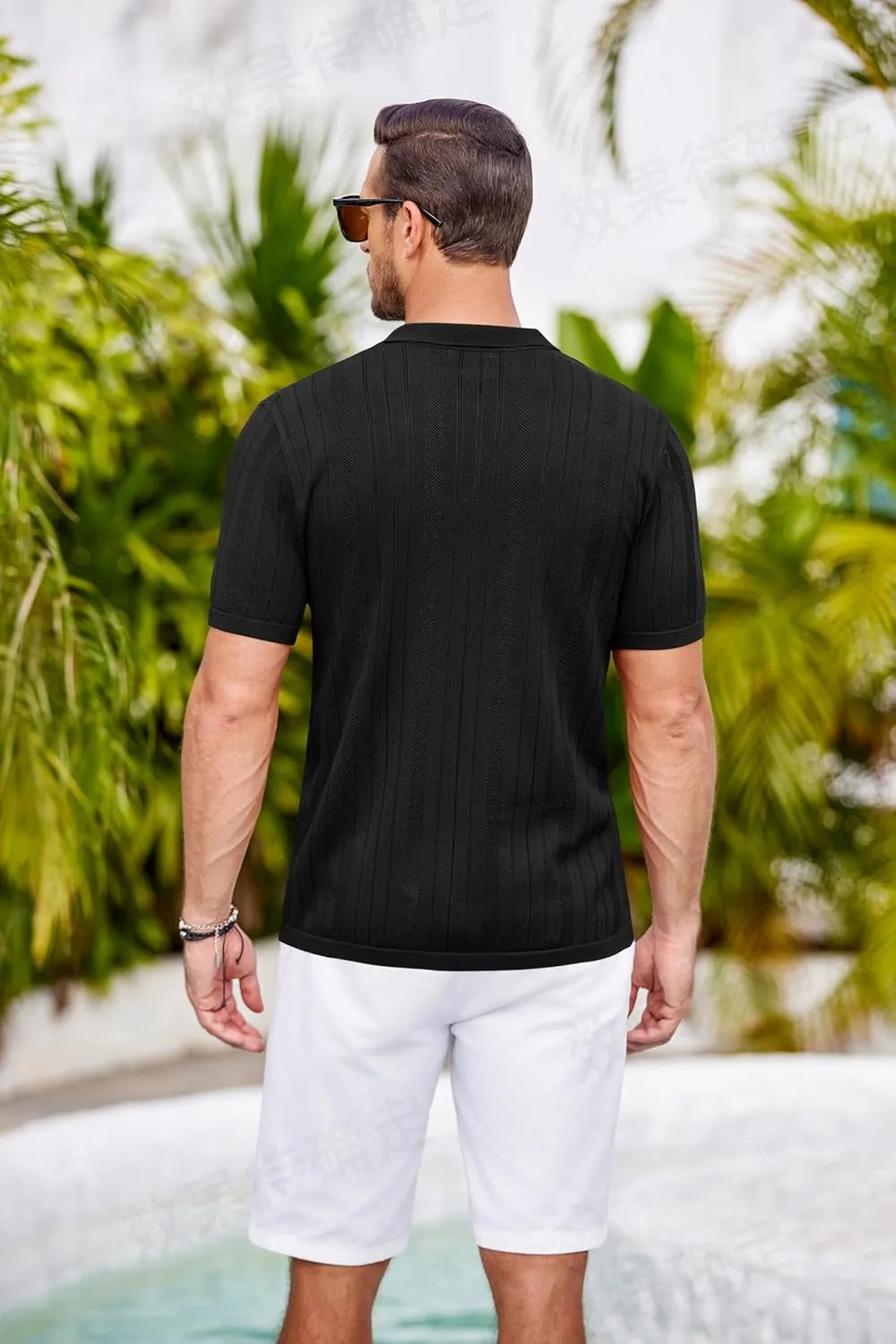 COOFANDY Mens Knit Button Down Shirts Crochet Polo Shirts Vintage Short Sleeve Textured Shirts Summer Beach Tops