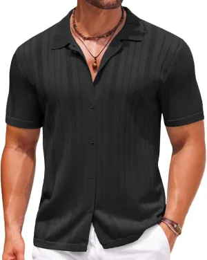 COOFANDY Mens Knit Button Down Shirts Crochet Polo Shirts Vintage Short Sleeve Textured Shirts Summer Beach Tops