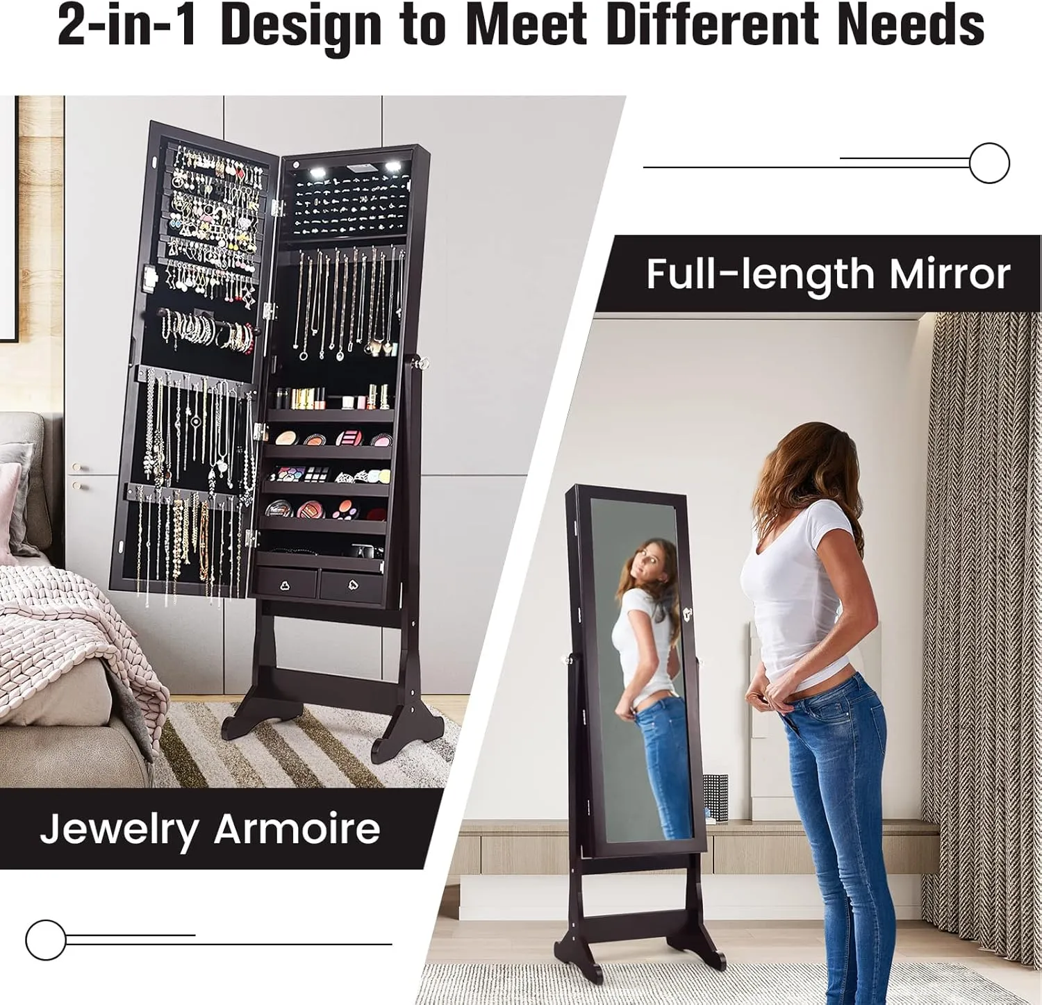 COSTWAY Standing Mirror Jewelry Cabinet, Large Storage Jewelry Organizer w/Full Length Mirror, 4 Adjustable Angles & 2 LED Lights, Lockable Jewelry Armoire for Women Girls, Brown
