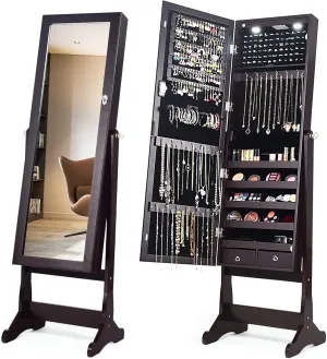 COSTWAY Standing Mirror Jewelry Cabinet, Large Storage Jewelry Organizer w/Full Length Mirror, 4 Adjustable Angles & 2 LED Lights, Lockable Jewelry Armoire for Women Girls, Brown