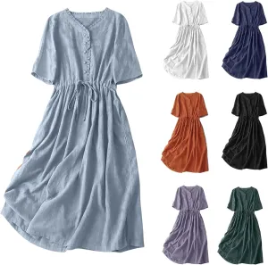 Cotton Dresses for Women 2025 Casual Short Sleeve Linen Dresses Summer Button Down Midi Dress Drawstring Beach Dress