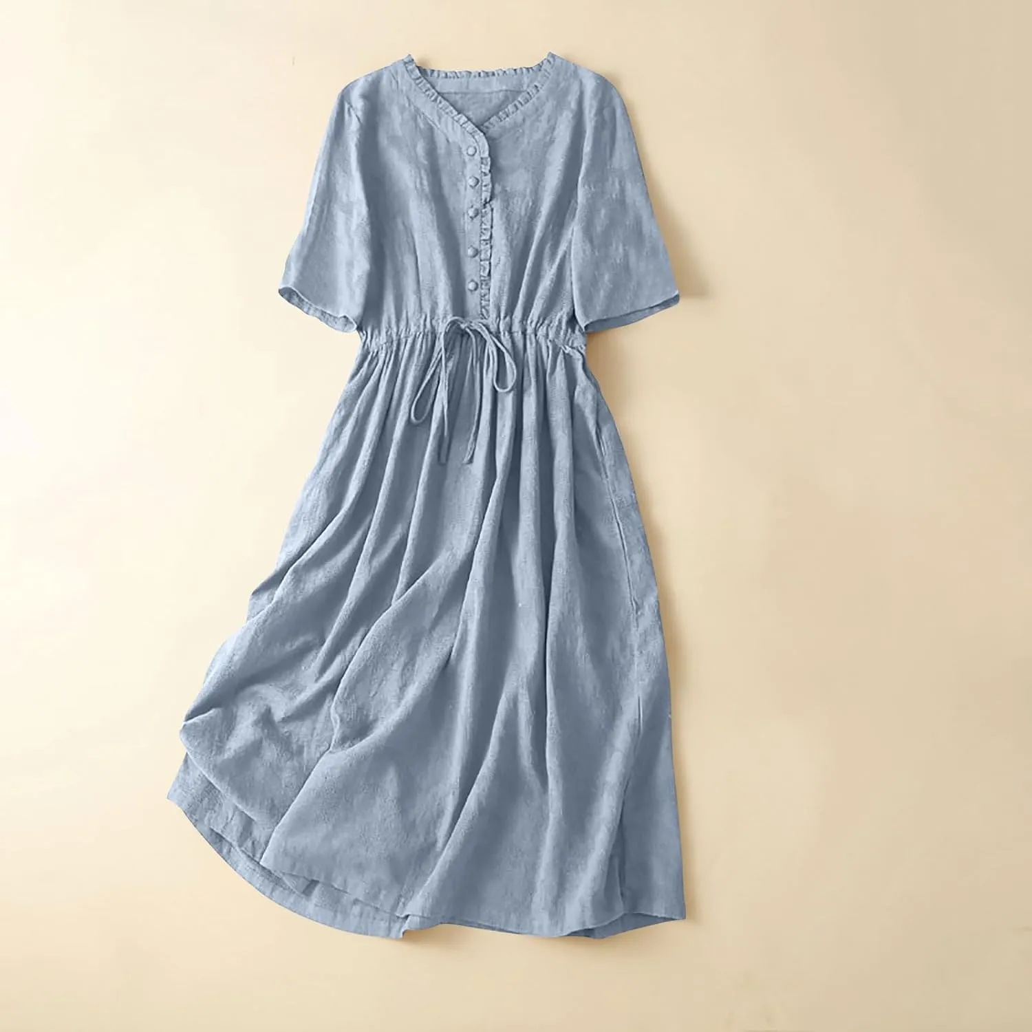 Cotton Dresses for Women 2025 Casual Short Sleeve Linen Dresses Summer Button Down Midi Dress Drawstring Beach Dress