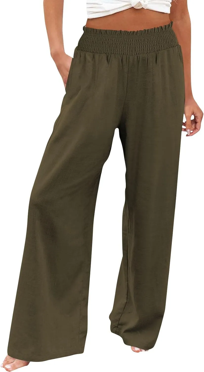 Cotton Linen Pants for Women 2025 Summer Casual Loose Wide Leg Palazzo Pants Smocked High Waist Beach Trousers Outfits