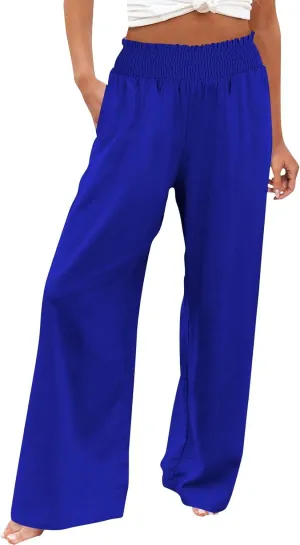 Cotton Linen Pants for Women 2025 Summer Casual Loose Wide Leg Palazzo Pants Smocked High Waist Beach Trousers Outfits