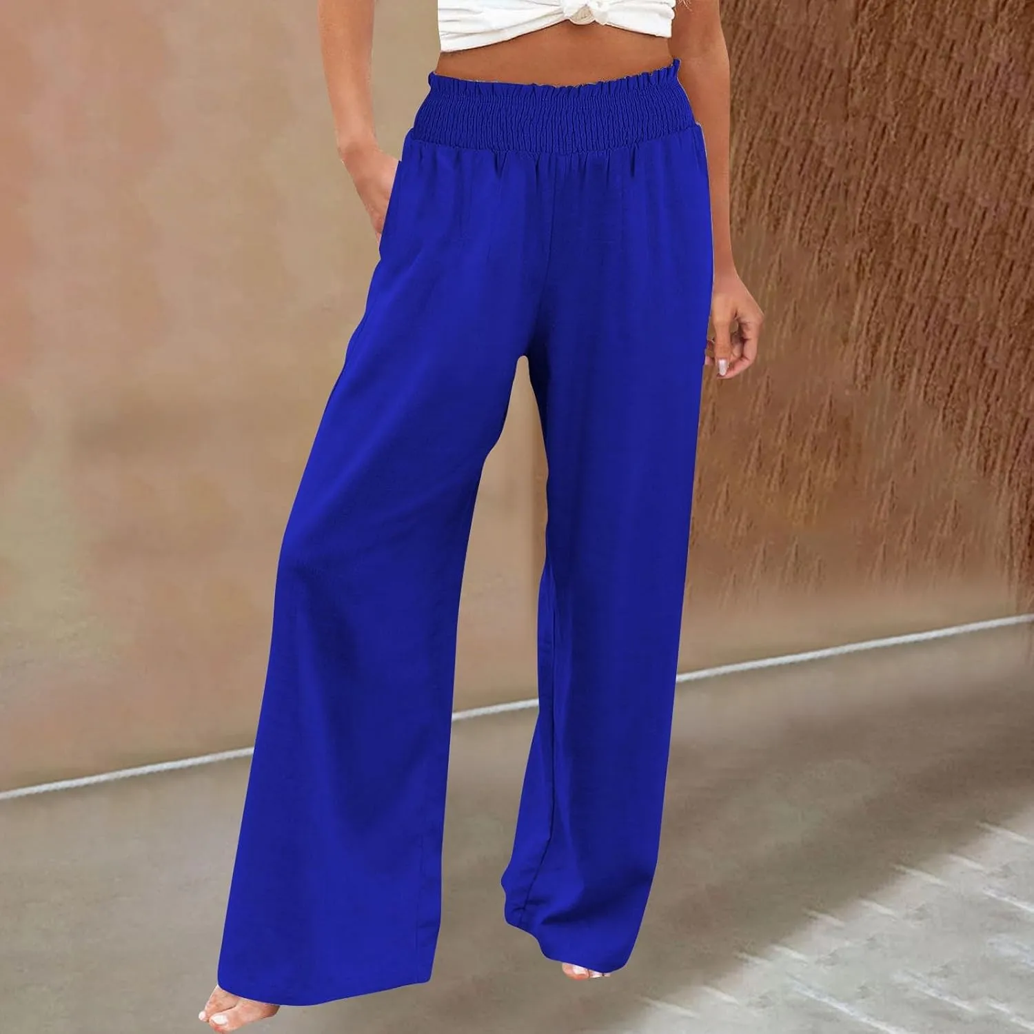 Cotton Linen Pants for Women 2025 Summer Casual Loose Wide Leg Palazzo Pants Smocked High Waist Beach Trousers Outfits