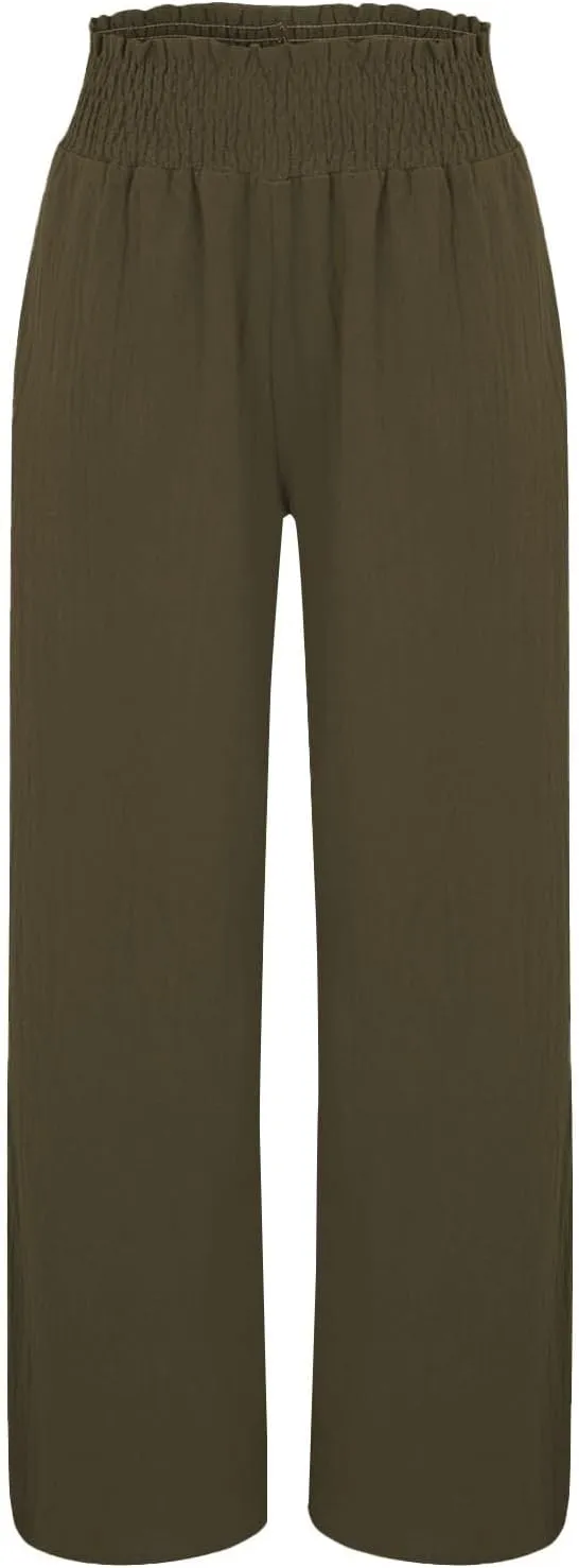 Cotton Linen Pants for Women 2025 Summer Casual Loose Wide Leg Palazzo Pants Smocked High Waist Beach Trousers Outfits
