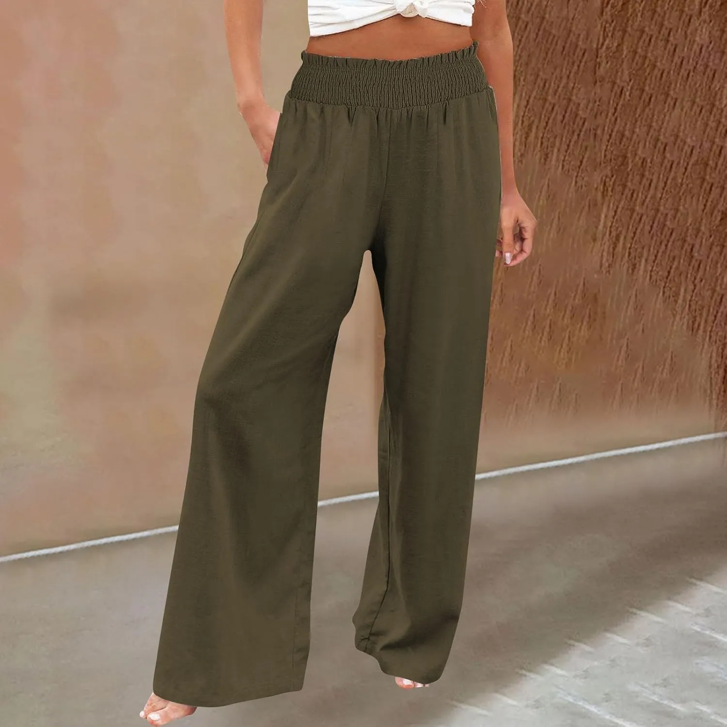 Cotton Linen Pants for Women 2025 Summer Casual Loose Wide Leg Palazzo Pants Smocked High Waist Beach Trousers Outfits
