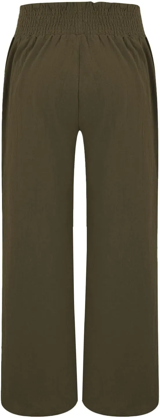 Cotton Linen Pants for Women 2025 Summer Casual Loose Wide Leg Palazzo Pants Smocked High Waist Beach Trousers Outfits