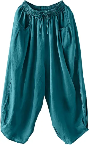 Cotton Linen Pants for Women Casual Stretchy Waisted Baggy Pants Summer Outdoor Vacation Harem Pants with Pockets