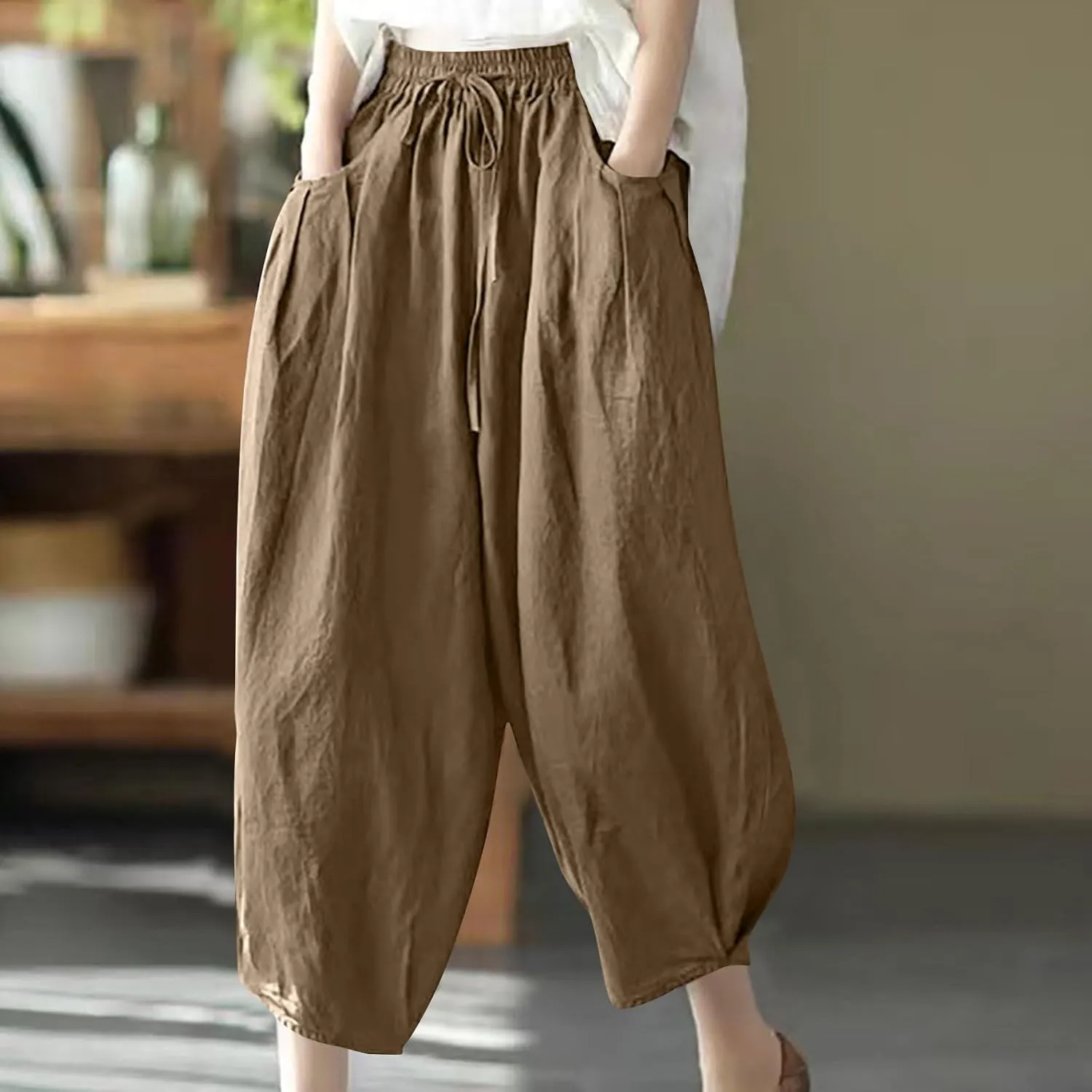 Cotton Linen Pants for Women Casual Stretchy Waisted Baggy Pants Summer Outdoor Vacation Harem Pants with Pockets
