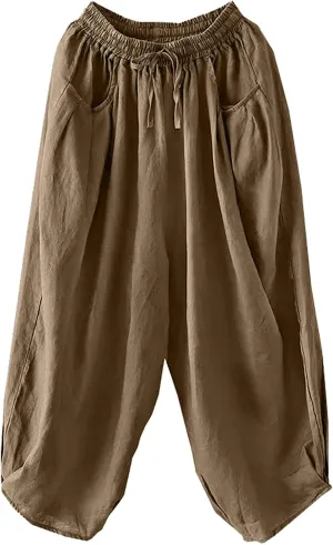 Cotton Linen Pants for Women Casual Stretchy Waisted Baggy Pants Summer Outdoor Vacation Harem Pants with Pockets