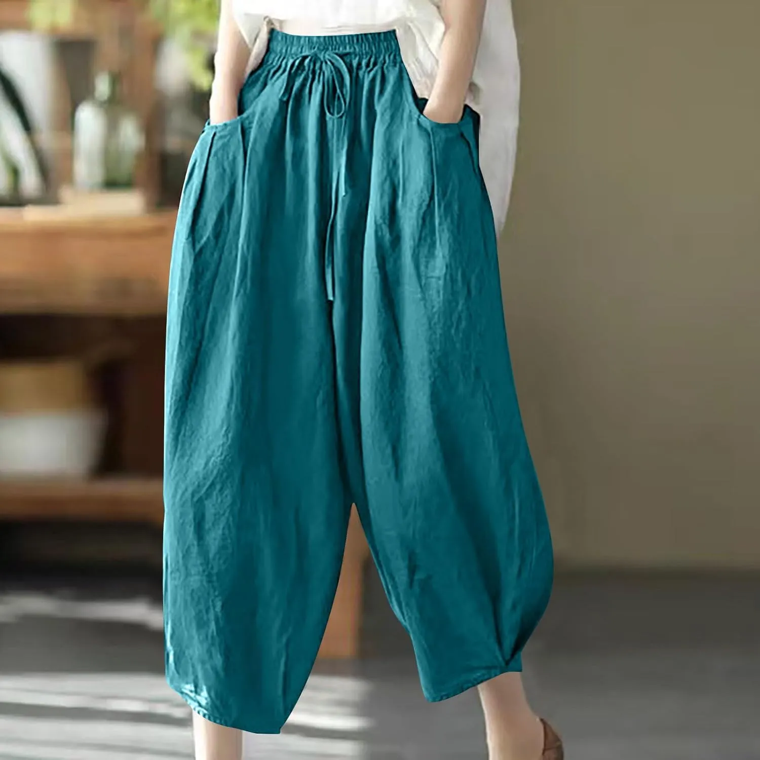Cotton Linen Pants for Women Casual Stretchy Waisted Baggy Pants Summer Outdoor Vacation Harem Pants with Pockets