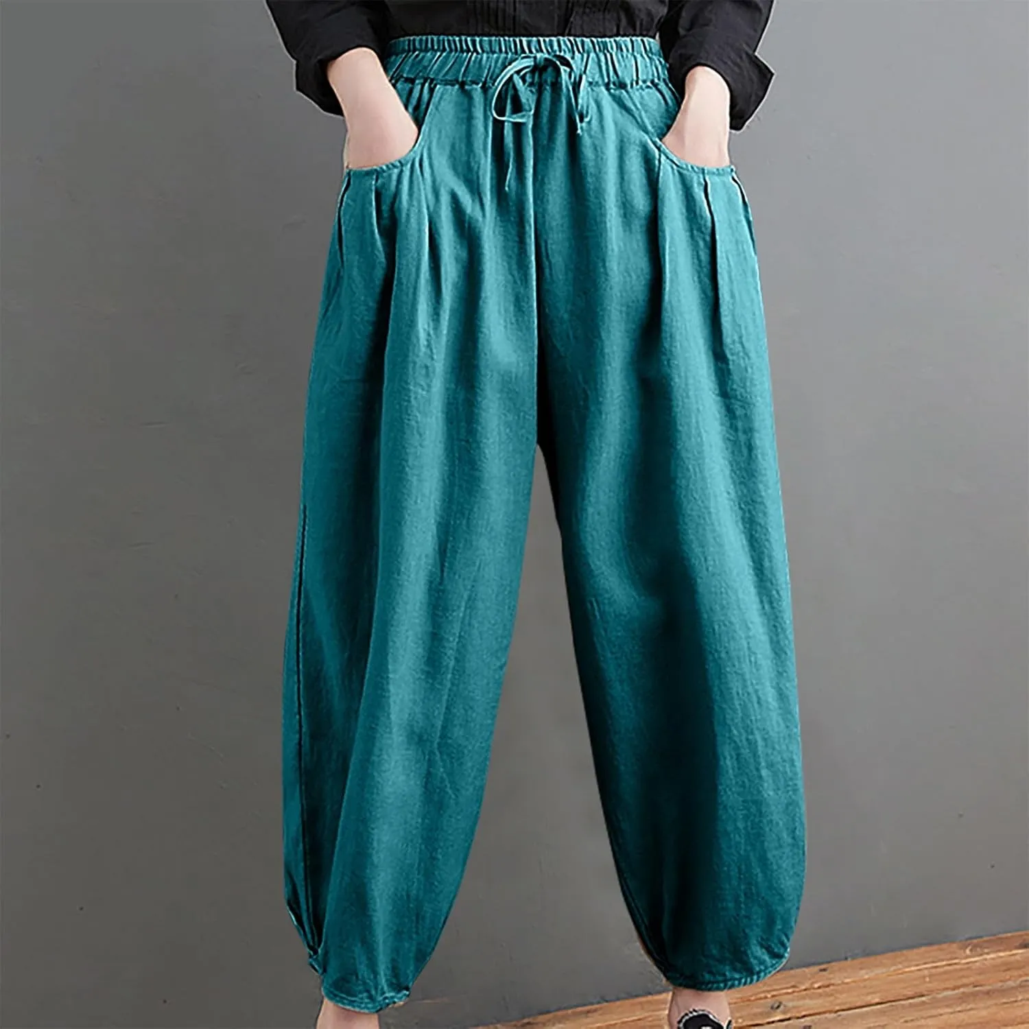 Cotton Linen Pants for Women Casual Stretchy Waisted Baggy Pants Summer Outdoor Vacation Harem Pants with Pockets