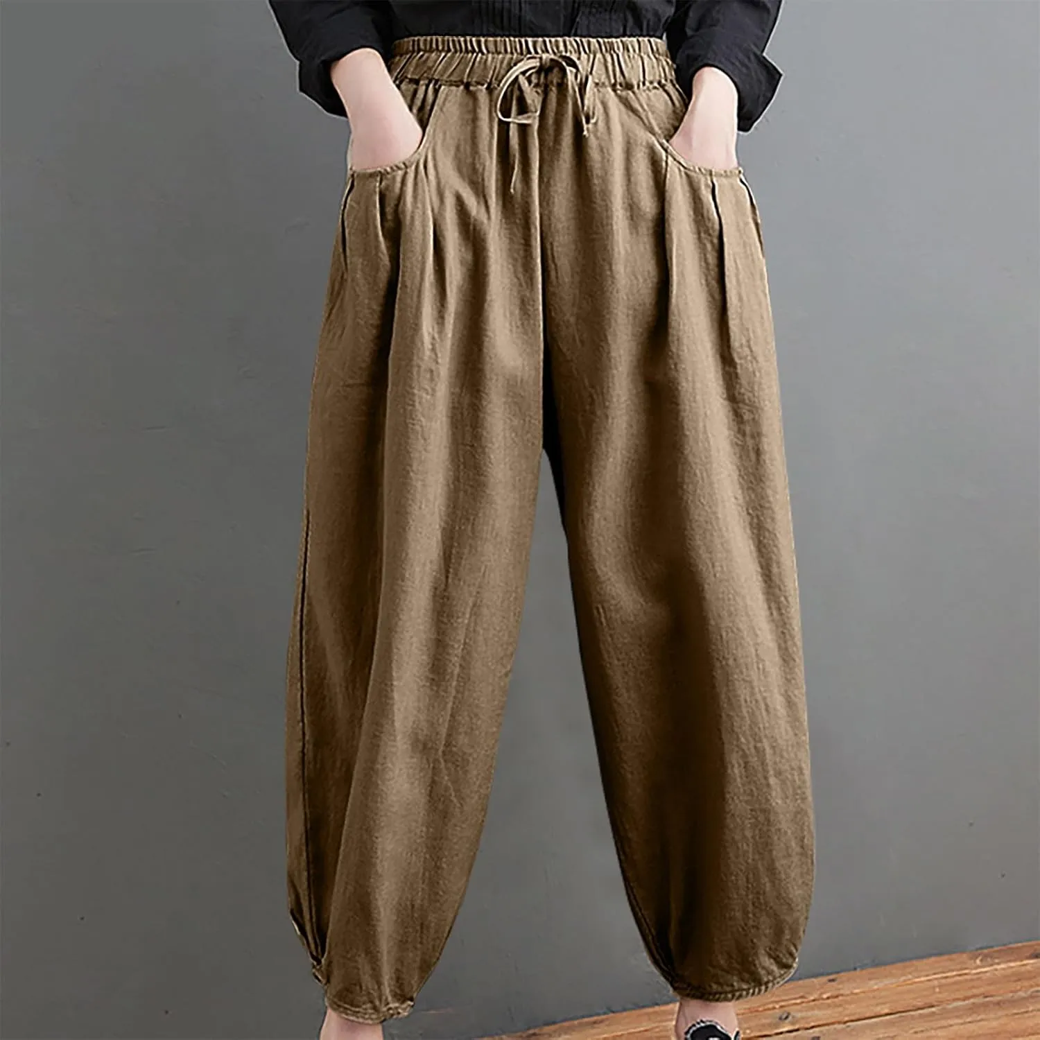 Cotton Linen Pants for Women Casual Stretchy Waisted Baggy Pants Summer Outdoor Vacation Harem Pants with Pockets