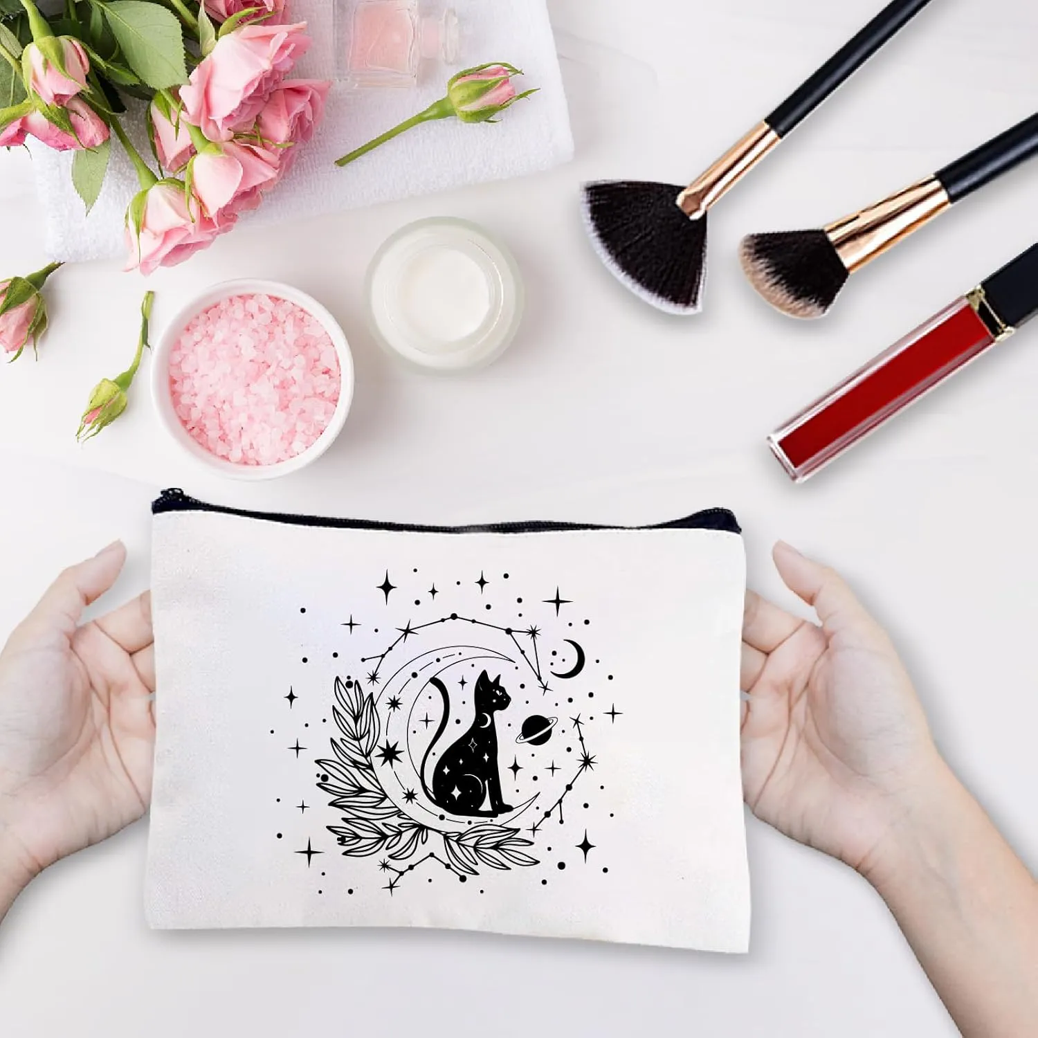 CREATCABIN Black Cat Makeup Bags Moon Cosmetic Bag Polycotton Multi Purpose Pen Case with Metal Zipper Pouches Gothic Toiletry Travel Bag Purse for Women Thank You Cat Lovers Gift 10x7Inch
