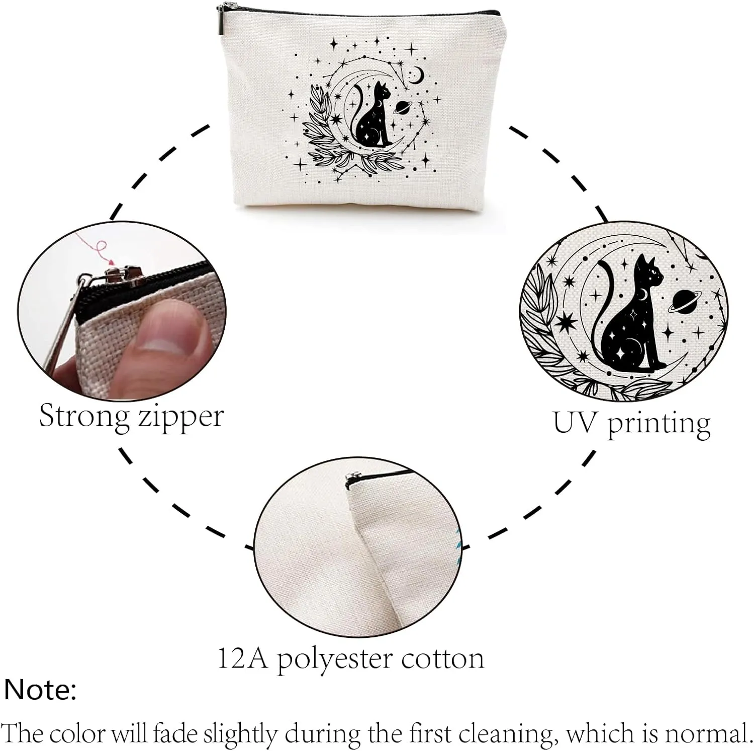 CREATCABIN Black Cat Makeup Bags Moon Cosmetic Bag Polycotton Multi Purpose Pen Case with Metal Zipper Pouches Gothic Toiletry Travel Bag Purse for Women Thank You Cat Lovers Gift 10x7Inch